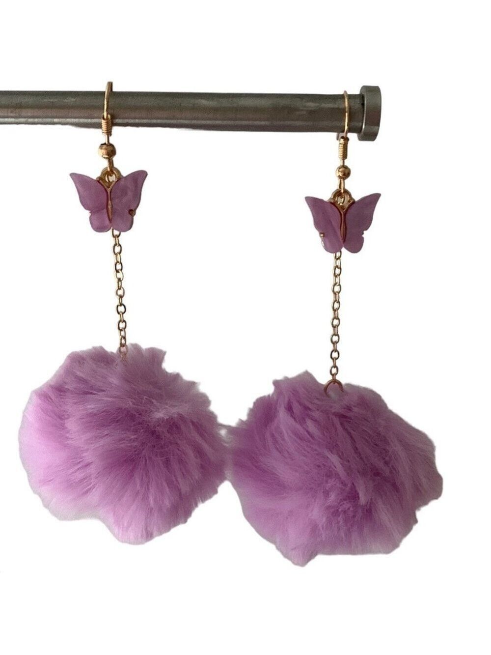 LAVENDER Pom Pom Butterfly Pierced Earrings Gold Tone Chain - Picture 2 of 4